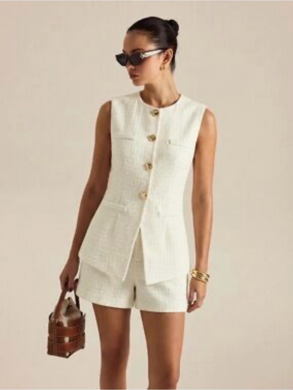 Commense Metal button tweed vest and short set - off white